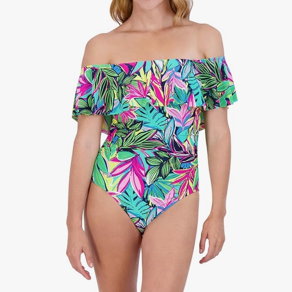 Caribbean Joe Cape Coral Multi Women's Off The Shoulder One Piece Swimsuit 10 - Picture 3 of 14